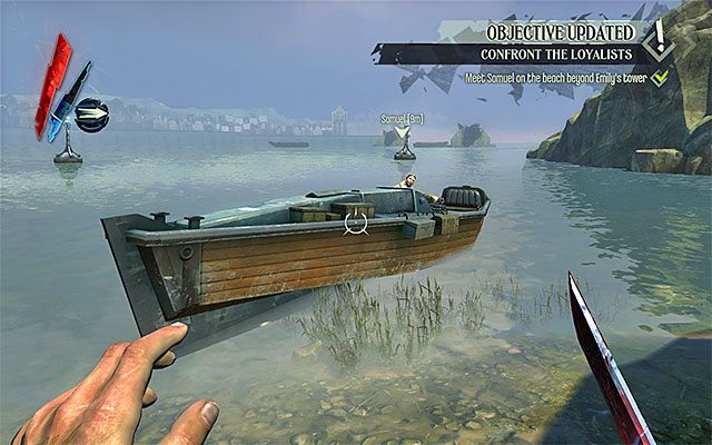 Po znalezieniu się na balkoniku użyj mocy teleportacji żeby przenieść się na dół (równie dobrze mógłbyś też powrócić pieszo na najniższy poziom, ale zajęłoby to więcej czasu) - Spotkanie się z Samuelem | Misja 8 - The Loyalists | Dishonored - Dishonored - poradnik do gry