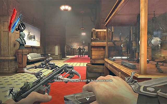 Parter budynku, w którym swoje mieszkanie ma doktor Galvani, jest tym razem patrolowany przez zaledwie dwóch wartowników - Odnalezienie Crowleya w mieszkaniu Galvaniego | Misja 3 - House of Pleasure - Dishonored - poradnik do gry