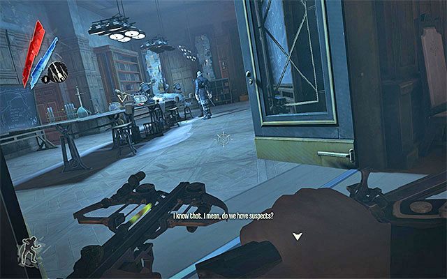 Najważniejszą kwestią jest dotarcie na drugie piętro, a konkretnie do pokazanego na powyższym screenie głównego pomieszczenia laboratorium - Odnalezienie Crowleya w mieszkaniu Galvaniego | Misja 3 - House of Pleasure - Dishonored - poradnik do gry