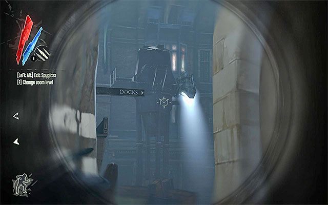 Druga wieża strażnicza znajduje się tuż za ścianą światła i łatwiej będzie jej unikać jeśli wybrałeś przejście bocznymi alejkami - Ominięcie drugiej wieży strażniczej | Misja 3 - House of Pleasure | Dishonored - Dishonored - poradnik do gry