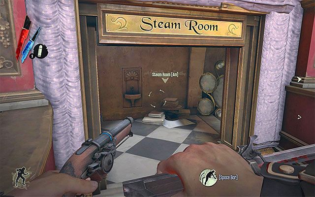 Jedynym wyjątkiem jest sytuacja, w której jeden z bliźniaków przebywa w opisanej w jednym z poprzednich podpunktów łaźni (Steam Room), albowiem jest ona usytuowana w miejscu, do którego nie można dotrzeć od strony zewnętrznych balkoników - Wybranie sposobu eliminacji bliźniaków Pendleton | Misja 3 - House of Pleasure - Dishonored - poradnik do gry