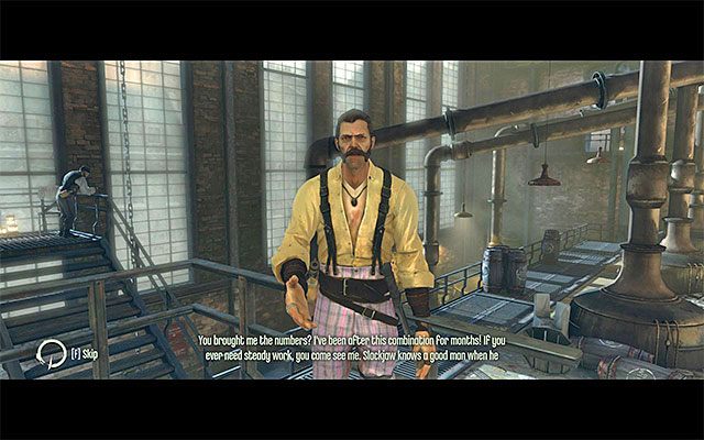 Po wykonaniu wszystkich opisanych powyżej czynności musisz raz jeszcze spotkać się w kryjówce bandytów ze Slackjawem i w trakcie rozmowy przekazać mu kombinację do skarbca (prawa górna opcja dialogowa) - Wybranie sposobu eliminacji bliźniaków Pendleton | Misja 3 - House of Pleasure - Dishonored - poradnik do gry