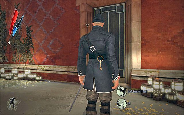 Radzę przede wszystkim podjąć próbę zbadania posterunku strażników znajdującego się przy głównym wejściu na teren posiadłości (przejście dla gości) - Zbadanie ogrodu posiadłości Boyleów | Misja 5 - Lady Boyles Last Party - Dishonored - poradnik do gry