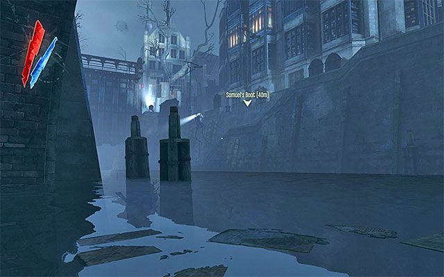 Docelowo musisz dopłynąć do pokrętła i wejść z nim w interakcję, odblokowując sobie przejście - Spotkanie się z Samuelem przy jego łodzi | Misja 5 - Lady Boyles Last Party - Dishonored - poradnik do gry