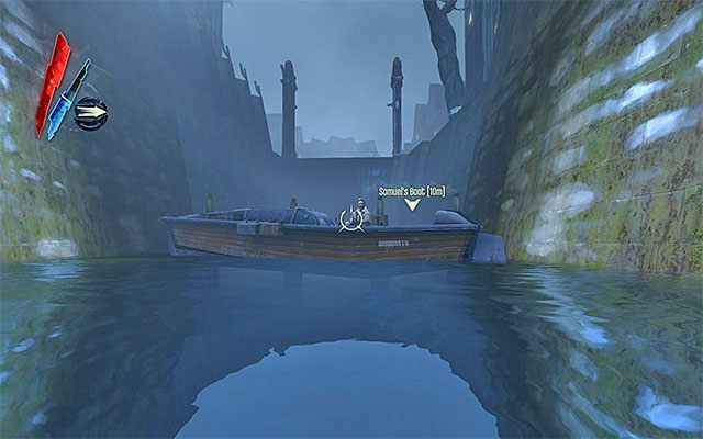Zanurkuj, dzięki czemu nie zostaniesz zauważony przez wroga na mechanicznych szczudłach i wyrusz w stronę Samuela - Spotkanie się z Samuelem przy jego łodzi | Misja 5 - Lady Boyles Last Party - Dishonored - poradnik do gry