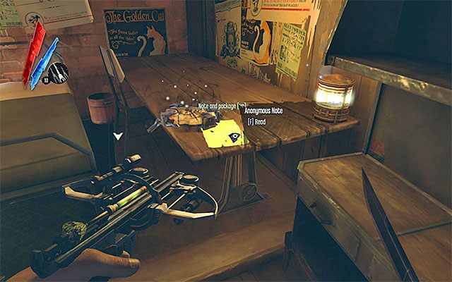 Jeżeli w trakcie rozgrywania poprzedniej misji ogłuszyłeś jedynie Esmę Boyle, to na ścianie budynku pubu powinna wisieć notatka od kuriera (Note from Courier) - The Hound Pits Pub #6 | Misja 5 - Lady Boyles Last Party | Dishonored - Dishonored - poradnik do gry