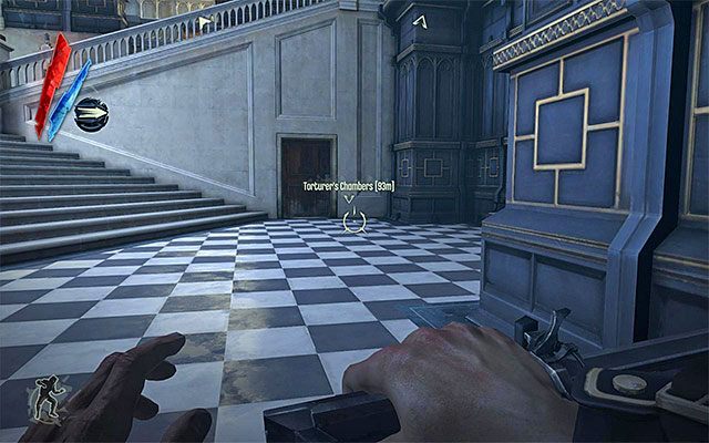 Drzwi znajdujące się na prawo od holu prowadzą do pomieszczenia z podwodnym tunelem (tym, którego mogłeś użyć do przedostania się do wnętrza wieży Dunwall) - Eksploracja parteru wieży Dunwall | Misja 6 - Return to the Tower | Dishonored - Dishonored - poradnik do gry