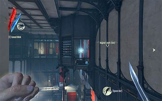 Ciekawym sposobem na przedostanie się do komnat Lorda Regenta jest użycie mocy Blink (teleportacja) w celu przeniesienie się na ich zewnętrzny balkonik (powyższy screen), przy czym oczywiście na taki krok warto zdecydować się tylko wtedy gdy Lord Regent nie przebywa na balkoniku - Przedostanie się do komnat Lorda Regenta | Misja 6 - Return to the Tower - Dishonored - poradnik do gry