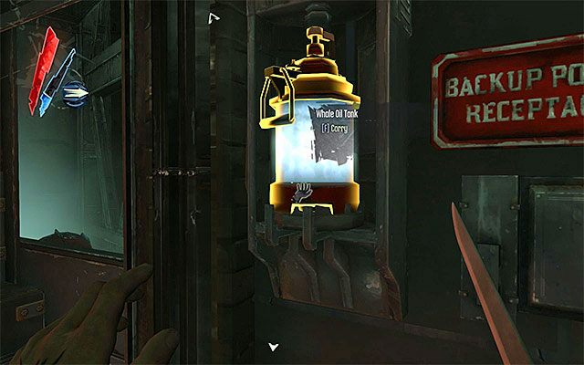 Zabierz ze sobą pełny zbiornik i skorzystaj ze schodów żeby dotrzeć do pobliskiego pomieszczenia kontrolnego (Control Room) - Dotarcie do miejsca składowania sprzętu Corvo | Misja 7 - The Flooded District - Dishonored - poradnik do gry