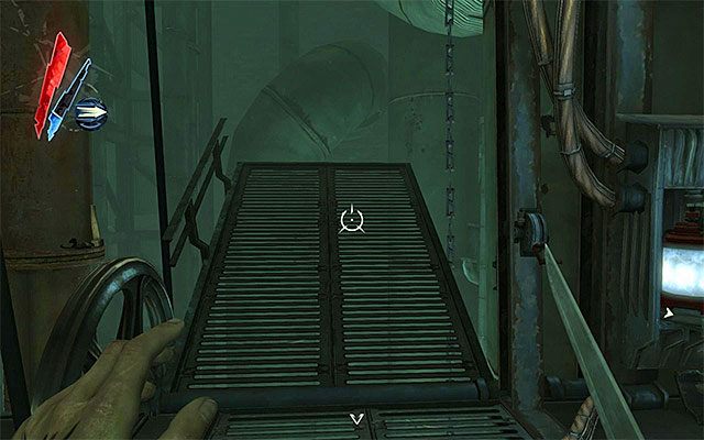 Przerzuć zbiornik z tranem nad metalową zaporą, ponownie go podnieś i podejdź z nim do pobliskiej stacji - Dotarcie do miejsca składowania sprzętu Corvo | Misja 7 - The Flooded District - Dishonored - poradnik do gry