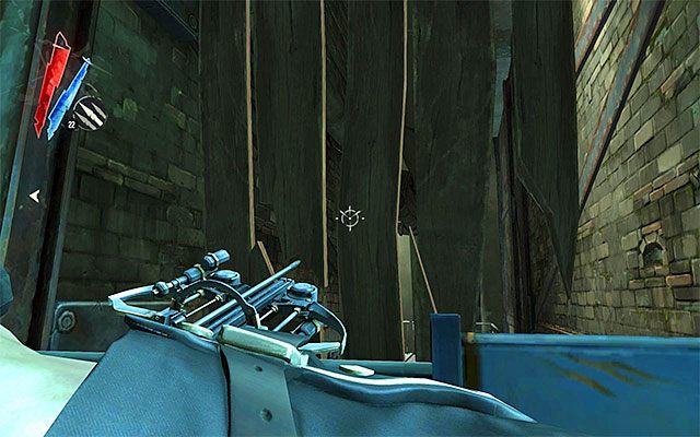 W celu odblokowania sobie dalszego przejścia musisz zniszczyć pokazane na powyższym screenie deski - Eksploracja drugiej części kanałów | Misja 7 - The Flooded District | Dishonored - Dishonored - poradnik do gry