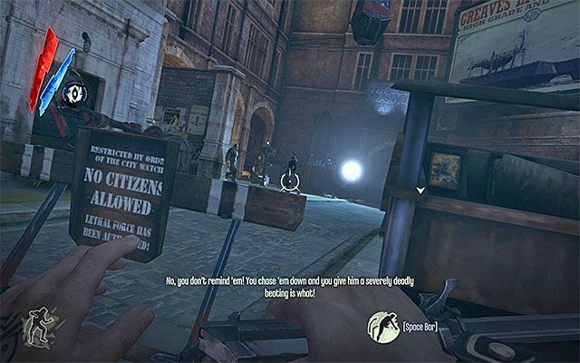 Misję rozpoczyna się przy wodzie, przy czym tuż po skorzystaniu z pobliskich schodów natrafisz na wrogi posterunek (powyższy screen) - Ominięcie pierwszego posterunku | Misja 4 - The Royal Physician | Dishonored - Dishonored - poradnik do gry