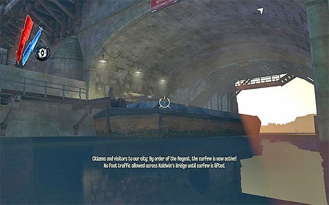 Przemieszczanie się w stronę posterunku w linii prostej to oczywiście samobójstwo, tak więc przy pierwszej możliwej okazji dobrze byłoby skręcić w prawo i wybrać się w stronę śluzy - Ominięcie drugiego posterunku | Misja 4 - The Royal Physician | Dishonored - Dishonored - poradnik do gry