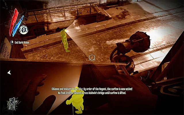 Jeżeli masz zamiar eliminować przebywających tu wartowników, to polecam rozpocząć od tych zgromadzonych wokół posterunku (powyższy screen) - Ominięcie drugiego posterunku | Misja 4 - The Royal Physician | Dishonored - Dishonored - poradnik do gry