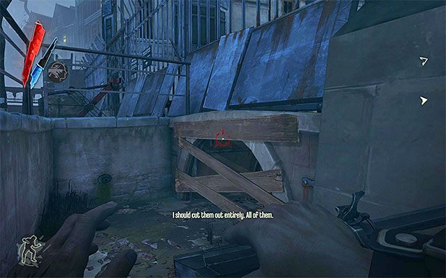 Drugi wariant to wskoczenie do niewielkiego dołu i przejęcie kontroli nad szczurem lub zniszczenie pokazanych na powyższym screenie drewnianych desek - Przedostanie się na teren posiadłości Boyleów | Misja 5 - Lady Boyles Last Party - Dishonored - poradnik do gry