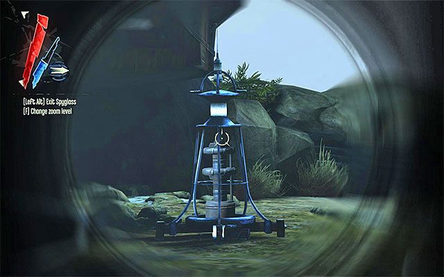 Także i w tej okolicy przebywa wielu przeciwników, przy czym jeszcze większym zagrożeniem od nich jest pokazany na powyższym screenie aktywny pylon - Przedostanie się do fortu | Misja 9 - The Light at the End | Dishonored - Dishonored - poradnik do gry