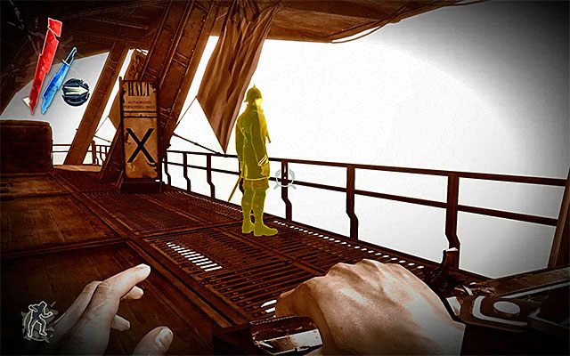 Do wyeliminowania lub ominięcia pozostał już tylko jeden przeciwnik i najlepiej jest zaczekać aż przejdzie w prawo, ustawiając się przy balustradzie - Dotarcie do wnętrza latarni morskiej | Misja 9 - The Light at the End - Dishonored - poradnik do gry