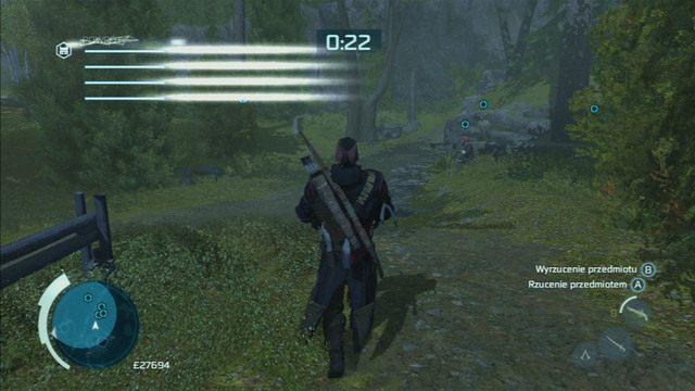 Aby obronić się przed napastnikami, weź beczkę wskazaną przez Davea i połóż ją na drodze, w miejscu miedzy drzewem, a skałą - Zadania Dużego Davea w Assassins Creed 3 Remastered - Assassins Creed 3 - poradnik do gry