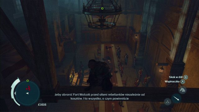 Przez salę pełną żołnierzy przedostań się skacząc między żyrandolami - Fort Wolcott (lokacja morska) | Skarb kapitana Kidda | Assassins Creed 3 - Assassins Creed 3 - poradnik do gry