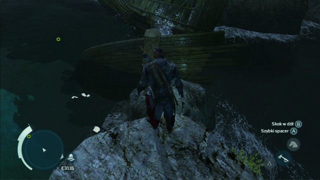Jak tylko wylądujesz, wejdź na najbliższe skały i przeskocz z nich do wraku po prawej - Skarb w umrzyka skrzynie (lokacja morska) | Skarb kapitana Kidda - Assassins Creed 3 - poradnik do gry