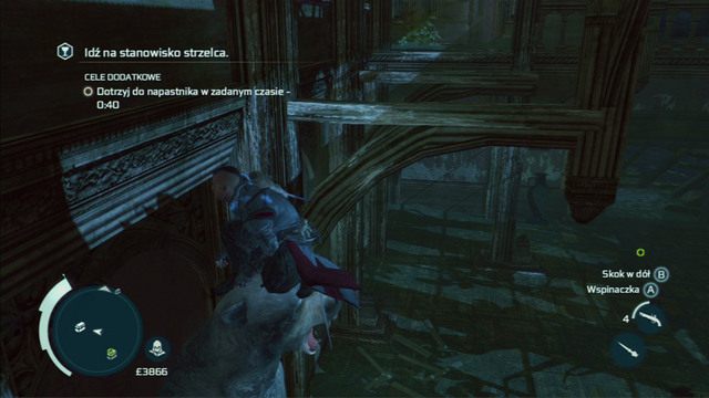 W tym celu musisz wejść na niedźwiedzia z prawej, a następnie przeskoczyć po drewnianych belkach na koniec pokoju - Zamek szalonego doktora (lokacja morska) | Skarb kapitana Kidda - Assassins Creed 3 - poradnik do gry