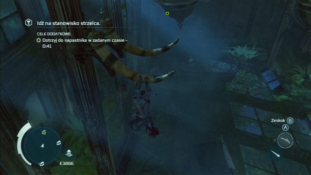 Stamtąd chwyć się kłów słonia i przedostań na duży metalowy przedmiot z prawej - Zamek szalonego doktora (lokacja morska) | Skarb kapitana Kidda - Assassins Creed 3 - poradnik do gry