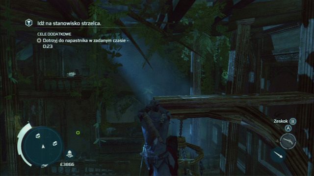 Jak wejdziesz po nim na samą górę, będziesz mógł skoczyć w lewo, a następnie w stronę zaznaczonego balkonu - Zamek szalonego doktora (lokacja morska) | Skarb kapitana Kidda - Assassins Creed 3 - poradnik do gry