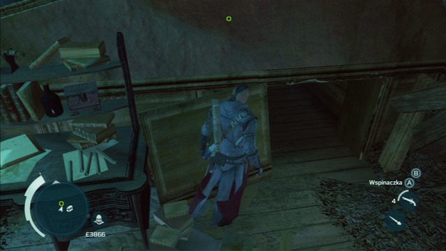 Po dotarciu do pustej sypialni, przejdź powoli przez niski otwór na prawo od biurka - Zamek szalonego doktora (lokacja morska) | Skarb kapitana Kidda - Assassins Creed 3 - poradnik do gry