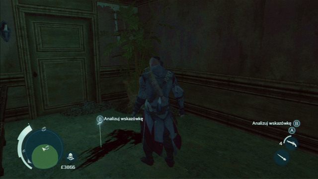 Musisz tam znaleźć trzy wskazówki: muszkiet oparty o kolumnę, zakrwawiony zegar i kolejną plamę krwi - Zamek szalonego doktora (lokacja morska) | Skarb kapitana Kidda - Assassins Creed 3 - poradnik do gry