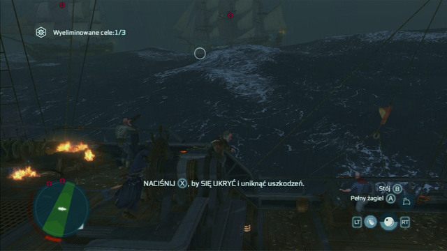 Po udanym trafieniu na okręcie przeciwnika powinien pojawić się biały okrąg wskazujący magazyn prochu - Kryjówka Biddlea | Misje morskie w Assassins Creed 3 - Assassins Creed 3 - poradnik do gry