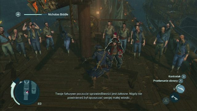 Aby pokonać Biddlea, po każdym udanym bloku wciskaj przycisk skoku lub kontrataku, a następnie kilkukrotnie uderzaj wytrąconego z równowagi mężczyznę - Kryjówka Biddlea | Misje morskie w Assassins Creed 3 - Assassins Creed 3 - poradnik do gry