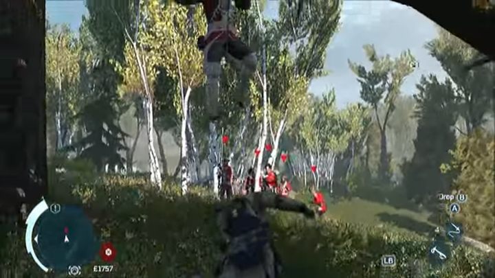 Wybierz teraz przeciwnika i rzuć w niego linę, a następnie od razu naciśnij przycisk odpowiedzialny za cofnięcie się do tyłu - Jak wieszać ludzi na drzewie w Assassins Creed 3? - Assassins Creed 3 - poradnik do gry