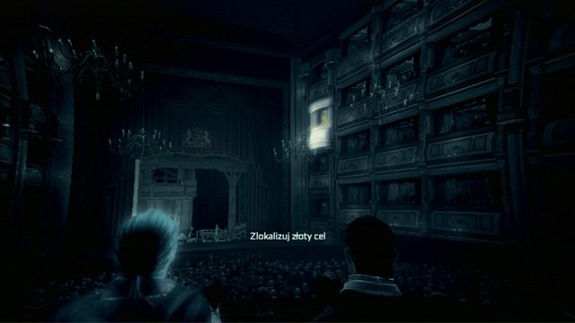 Podczas rozmowy będziesz musiał wcisnąć przycisk Wzroku Orła, a następnie spojrzeć na złotą postać siedzącą w loży z prawej - Sekwencja 1 - Zabójcze przedstawienie | Solucja Assassins Creed 3 - Assassins Creed 3 - poradnik do gry