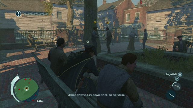 Następne osoby do podsłuchu znajdują się w drugiej zielonej strefie - Sekwencja 2 - Chirurg | Solucja Assassins Creed 3 - Assassins Creed 3 - poradnik do gry