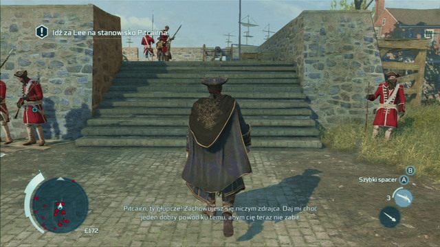 Po rozmowie w karczmie razem z Charlesem udaj się na stanowisko mężczyzny o nazwisku Pitcairn - Sekwencja 2 - Żołnierz | Solucja Assassins Creed 3 - Assassins Creed 3 - poradnik do gry
