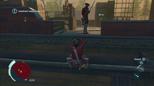 Po tym jak zginie, zejdź kawałek niżej i poczekaj, aż drugi strażnik zacznie wracać na swoje stanowisko - Sekwencja 2 - Infiltracja południowej bramy | Solucja Assassins Creed 3 - Assassins Creed 3 - poradnik do gry