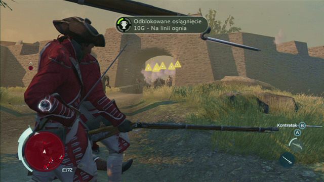 Jednego z nich musisz wykorzystać (wciskając przycisk skoku) do zablokowania salwy strzelców stojących w bramie - Sekwencja 2 - Infiltracja południowej bramy | Solucja Assassins Creed 3 - Assassins Creed 3 - poradnik do gry