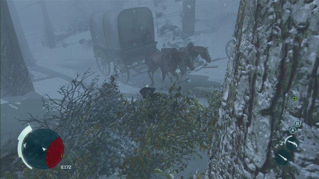 Po krótkiej wymianie zdań wyjdź na drogę z lewej i schowaj się w jadącym tamtędy wozie - Sekwencja 3 - Egzekucja ponad wszystko | Solucja Assassins Creed 3 - Assassins Creed 3 - poradnik do gry