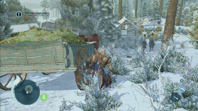 Po dotarciu na miejsce wyskocz z wozu w krzaki po prawej, a następnie bardzo szybko zabij żołnierza z lewej - Sekwencja 9 - Brakujące zapasy | Solucja Assassins Creed 3 - Assassins Creed 3 - poradnik do gry