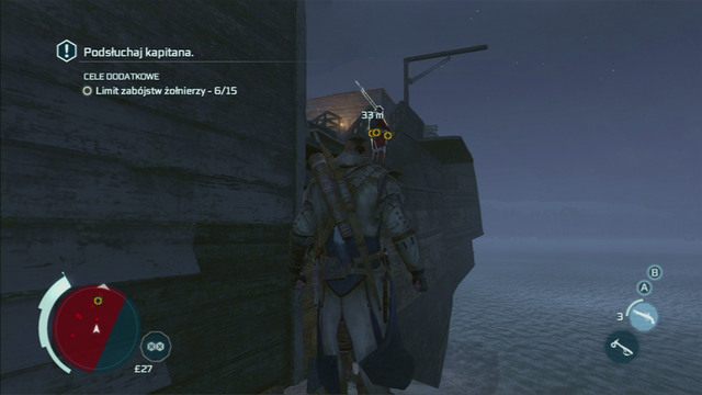 Gdy mężczyźni skończą, przesuwaj się powoli dalej w prawo, wskocz na pokład i pobiegnij za plecami strażnika do zaznaczonego punktu - Sekwencja 12 - Spoczywaj w pokoju | Solucja Assassins Creed 3 - Assassins Creed 3 - poradnik do gry
