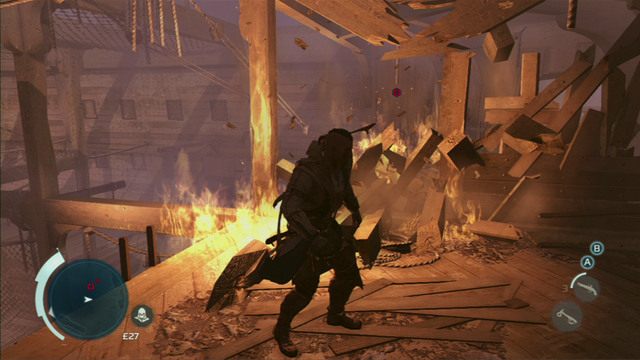 Na końcu okrętu nastąpi krótka animacja, po której przeskocz przez dziurę w drewnianej barykadzie i biegnij dalej w prawo - Sekwencja 12 - W pogoni za Lee | Solucja Assassins Creed 3 - Assassins Creed 3 - poradnik do gry