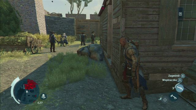 Aby wykonać misję w dyskretny sposób, obejdź budynek z lewej, zagwiżdż na najbliższego przeciwnika i zabij go zza rogu ukrytym ostrzem - Mapa Bostonu i Dzielnica Południowa w Assassins Creed 3 Remastered - Assassins Creed 3 - poradnik do gry