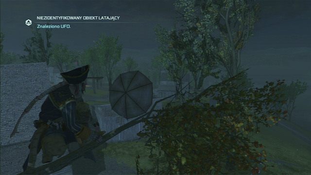 Przeskakując miedzy kolejnymi gałęziami dotrzesz do parasolki, którą ludzie brali za statek latający - Ludzie z pogranicza | Zadania klubów w Assassins Creed 3 - Assassins Creed 3 - poradnik do gry