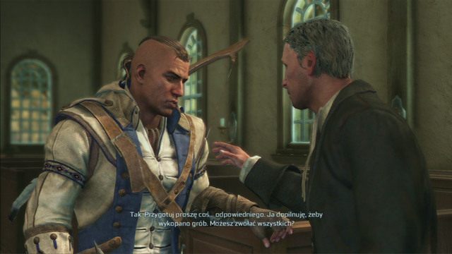 Po krótkiej animacji udaj się do kościoła w osadzie i załatw sprawy związane z pogrzebem - Zadania Achilles w osadzie | Assassins Creed 3 - Assassins Creed 3 - poradnik do gry