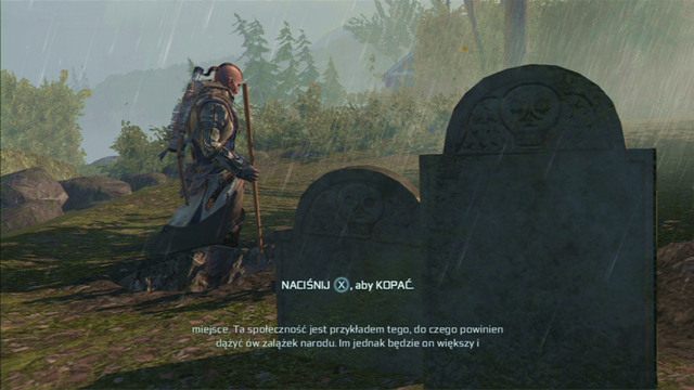 Zadanie dobiegnie końca, gry przyciskiem ataku wykopiesz grób dla swojego mistrza, słuchając przy okazji jego listu - Zadania Achilles w osadzie | Assassins Creed 3 - Assassins Creed 3 - poradnik do gry