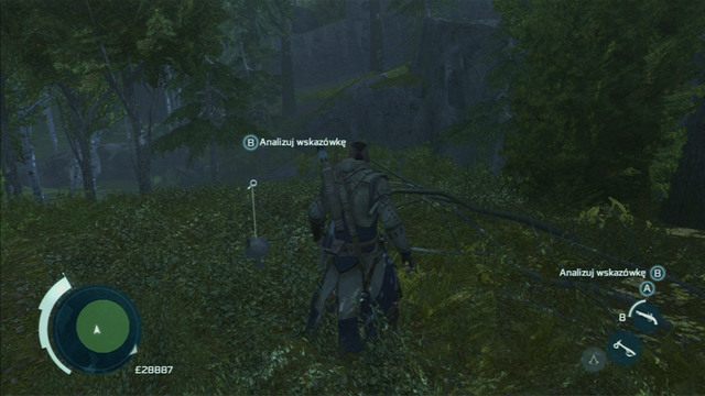 Gdy dotrzesz na miejsce na mapie pojawi się zielony okrąg w obrębie którego znajdziesz pierwszą wskazówkę - Zadania Warrena i Prudencea w Assassins Creed 3 - Assassins Creed 3 - poradnik do gry