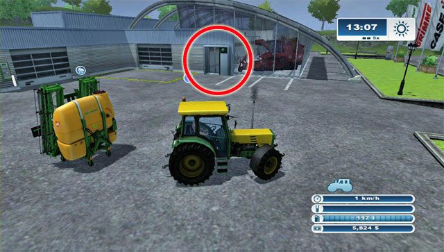 Tymczasem gdy dotrzesz do sklepu zobaczysz, że stoi przed nim twój opryskiwacz - Pierwsza sprzedaż sprzętu i nowy zakup - opryskiwacz | Pierwsze kroki - Farming Simulator 2013 - poradnik do gry