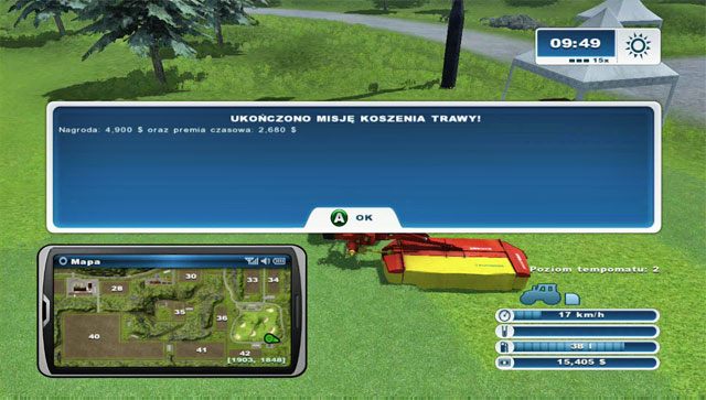 Ekran ukończenia misji z informacją o zapłacie podstawowej oraz uzyskanej premii za szybkie wykonanie misji. - Misje w Farming Simulator 2013 - Farming Simulator 2013 - poradnik do gry