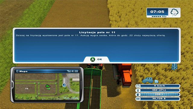 Ekran informujący o rozpoczęciu licytacji jednego z pól. - Zakup nowego pola na licytacji | Uprawa ziemi w Farming Simulator 2013 - Farming Simulator 2013 - poradnik do gry