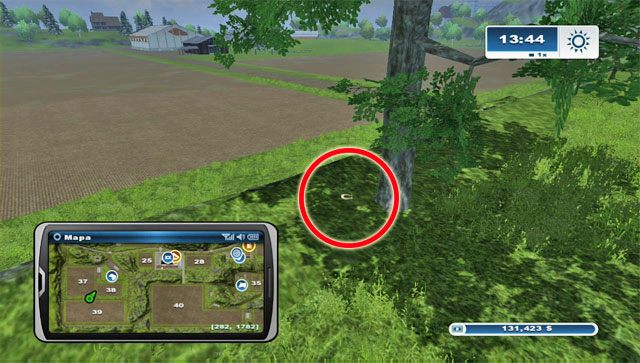 Podkowa leży przy drzewie stojącym przy drodze na północ od pola nr 39 - Obszar A - podkowy 01 - 13 | Podkowy w Farming Simulator 2013 - Farming Simulator 2013 - poradnik do gry